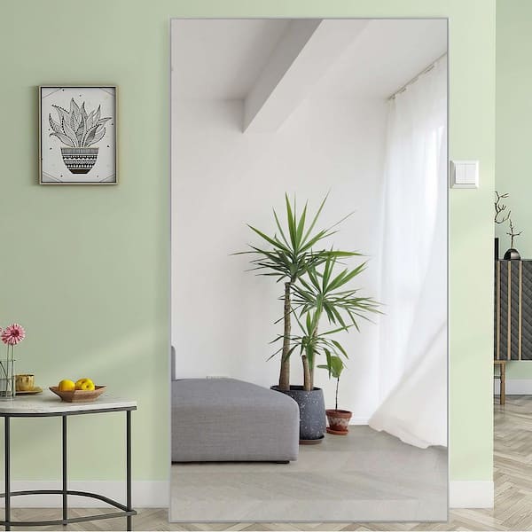 Full Length Standing Mirror Silver 32 in. W x 71 in. H Aluminum Frame Floor Mirror with Bracket