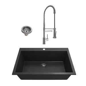 Campino Uno Metallic Black Granite Composite 33 in. Single Bowl Drop-In/Undermount Kitchen Sink with Faucet