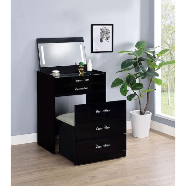 Danbury Black High Gloss Makeup Vanity Set with Flip-Top Mirror, LED Lighting, Dual USB Outlet
