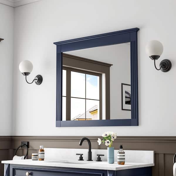 38 in. W x 33 in. H Rectangular Wood Framed Wall Bathroom Vanity Mirror in Navy Blue