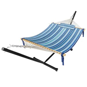 12 ft. Quilted 2-Person Hammock Bed with Stand and Detachable Pillow, Blue Stripes