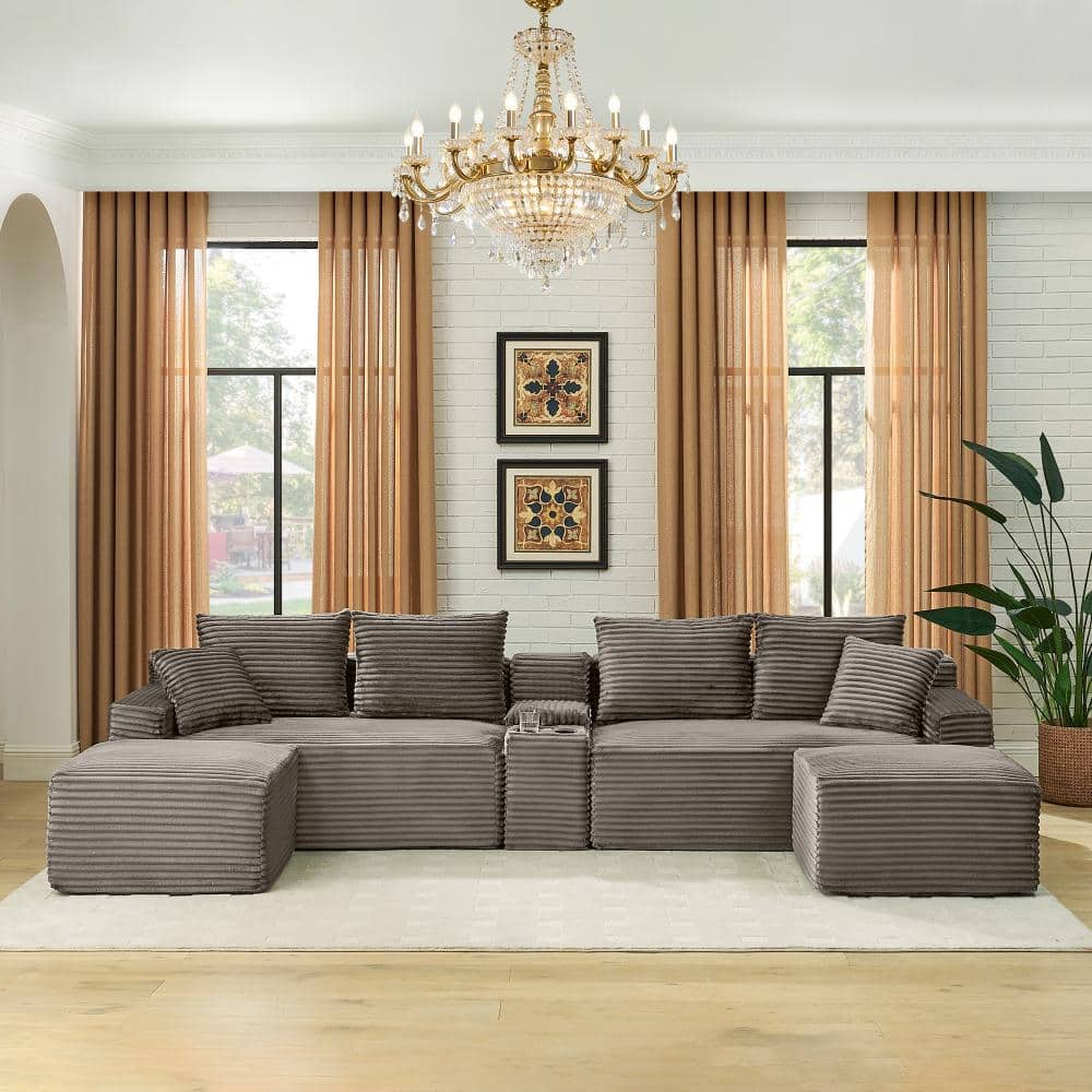127 in. Corduroy Boneless Modular U-Shaped Sectional Sofa with Storage Console, USB, Cup Holders, 2 Ottomans in Brown price history on PriceWatchPro