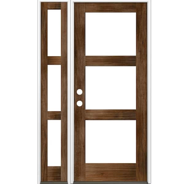 Krosswood Doors 50 in. x 96 in. Modern Hemlock Right-Hand/Inswing 3-Lite Clear Glass Provincial Stain Wood Prehung Front Door with LSL