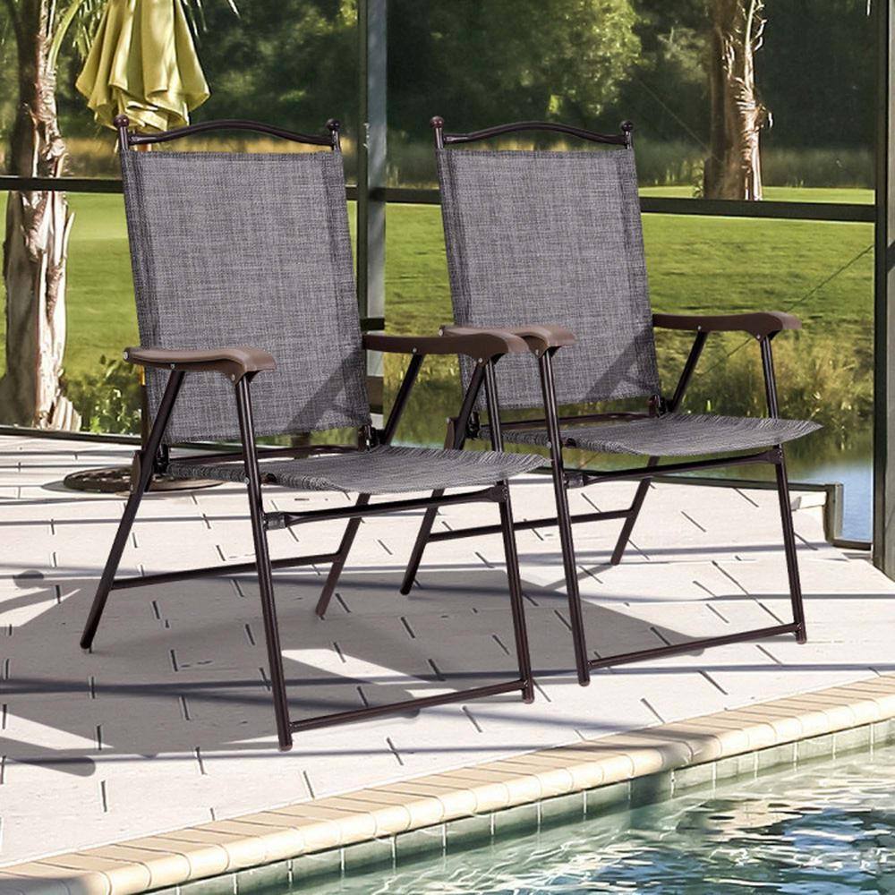 Gray Steel Frame Folding Camping Chairs with Arms, Set of 2