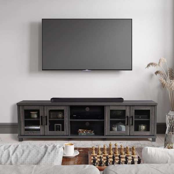 CorLiving Fremont 79"in.Grey TV Bench with Glass Cabinets for TVs up to 95 in.