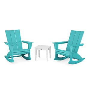 Modern Curveback Adirondack Rocking Chair Aruba/White 3-Piece HDPE Plastic Patio Conversation Set