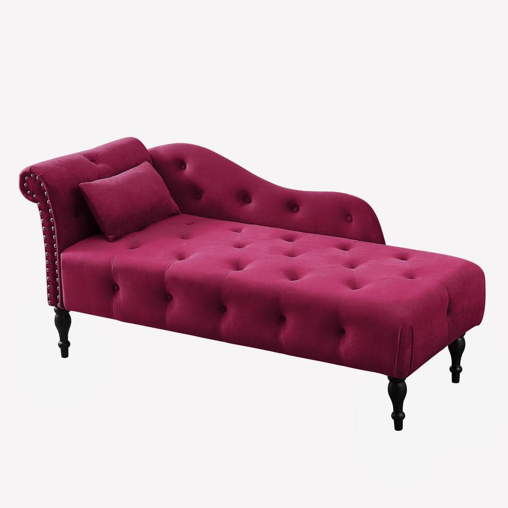 Burgundy Velvet Nail Head Trim Chaise Lounge with 1-Pillow