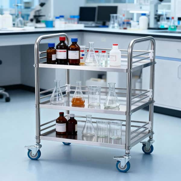 Stainless Steel Cart, Medical Serving Trolley Clinic Tray, Kitchen Cart, 3-Tier Rolling Lab Utility Cart with Wheels
