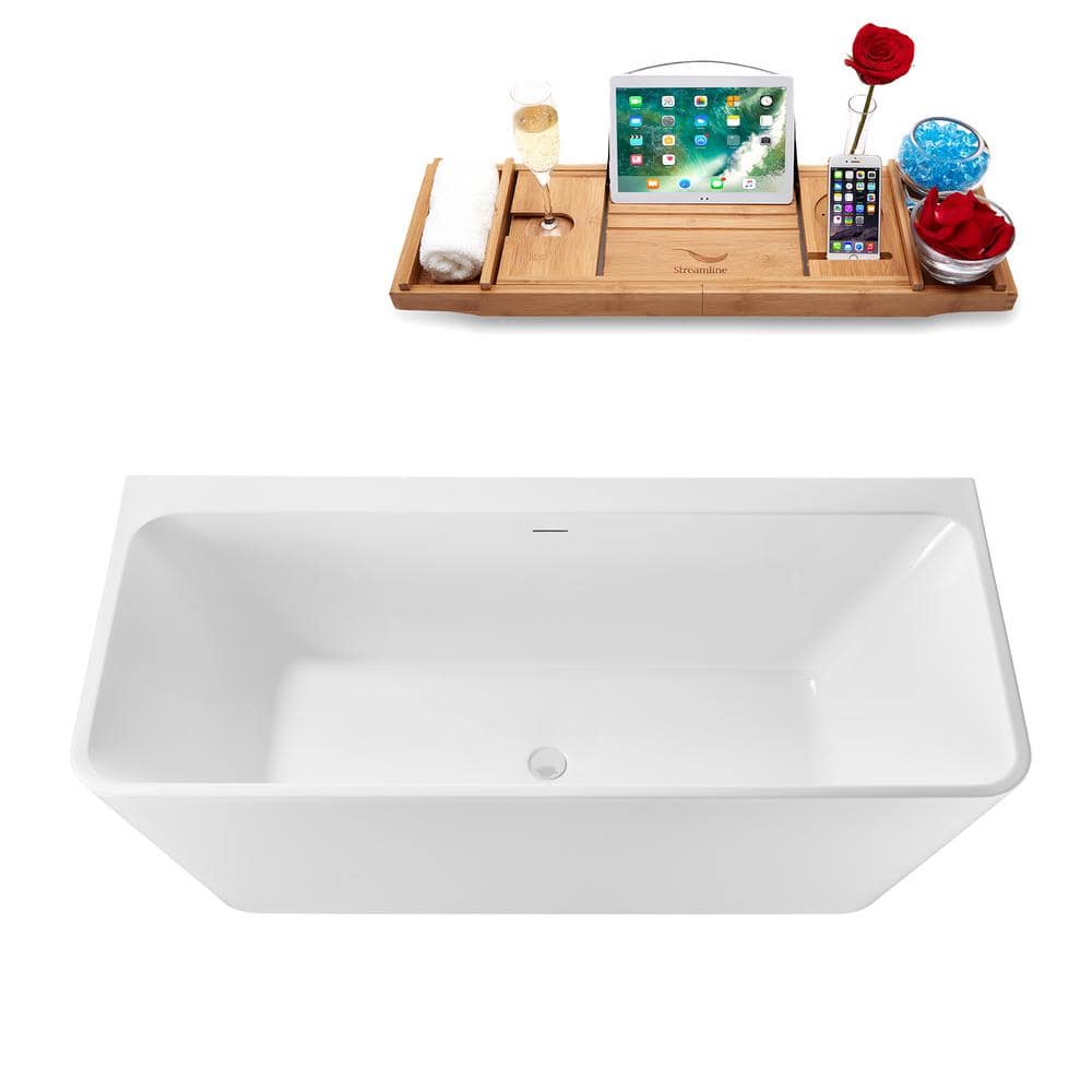 67" Glossy White Acrylic Freestanding Soaking Tub with Bamboo Tray