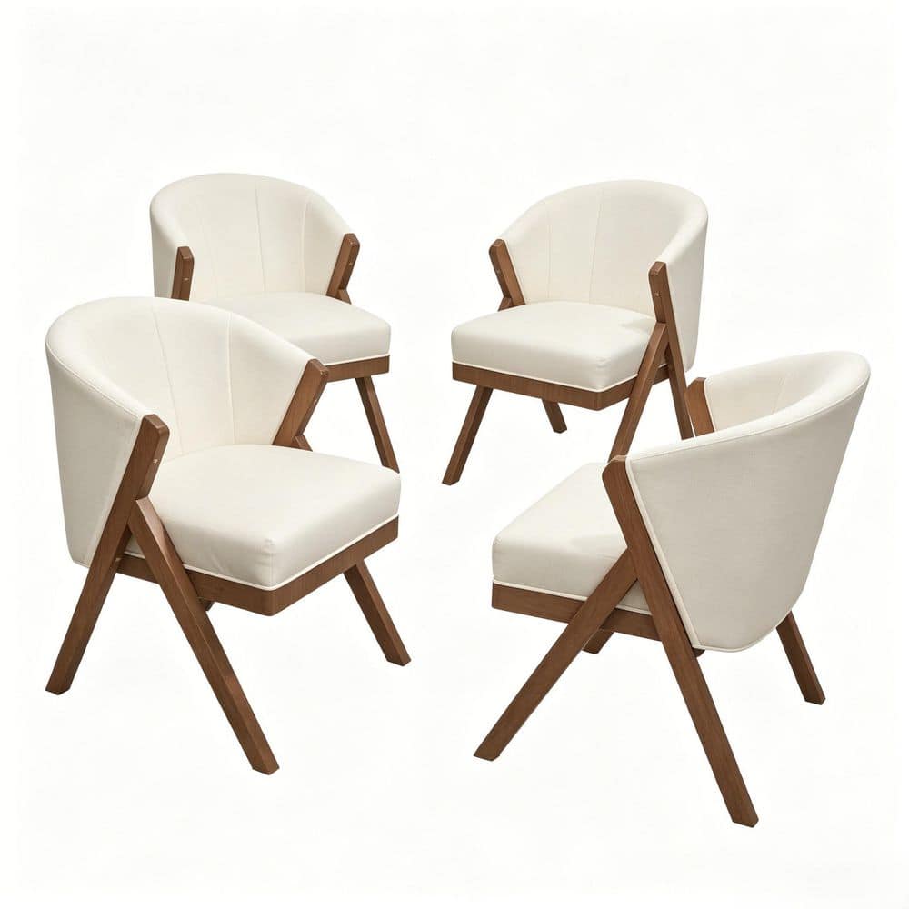 Beige Linen Upholstered Barrel Accent Arm Chair with Plush Cushion and Wood Frame for Living Room Bedroom (Set of 4)