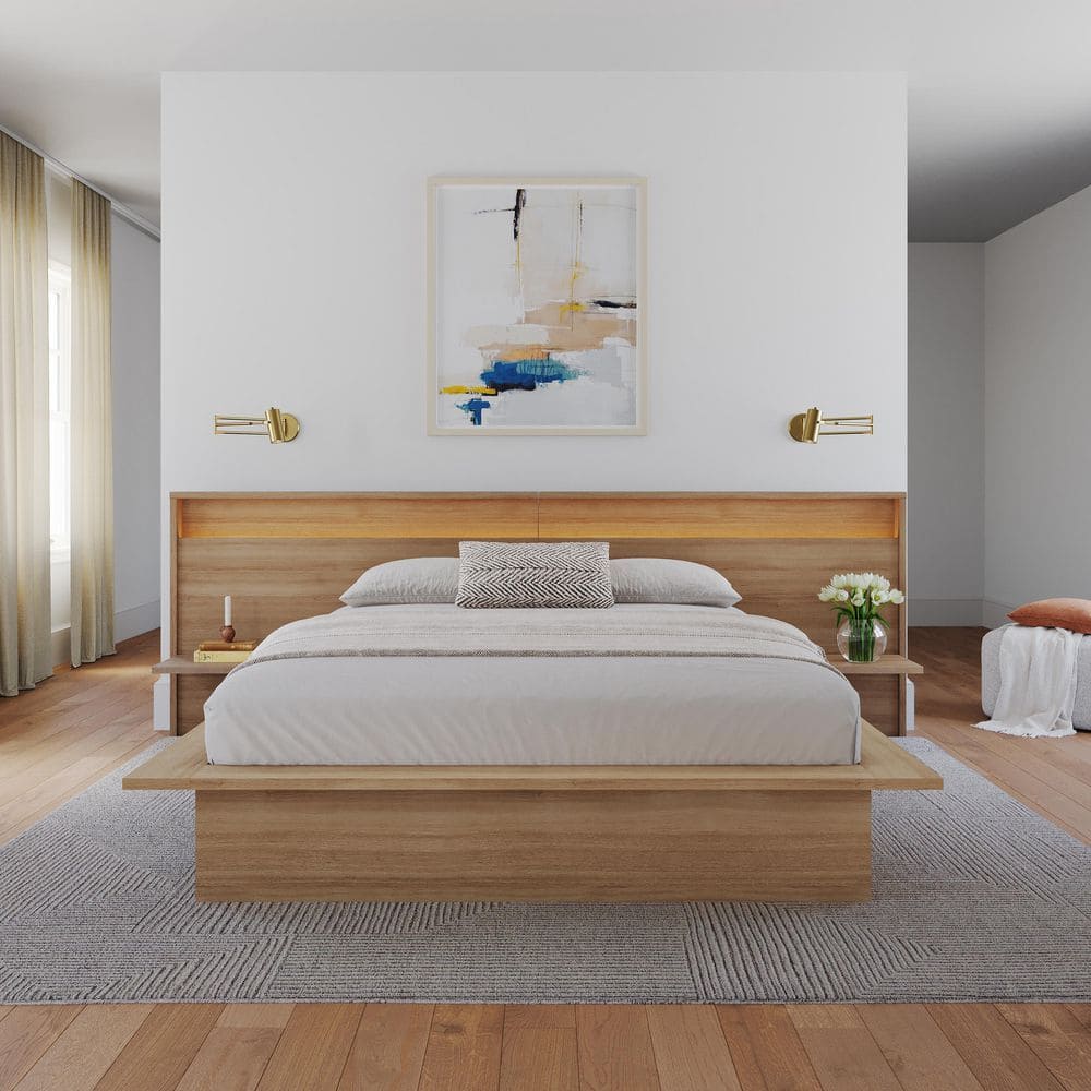 Nexera Monroe Brown Oak Frame Queen Size Platform Bed with Wide