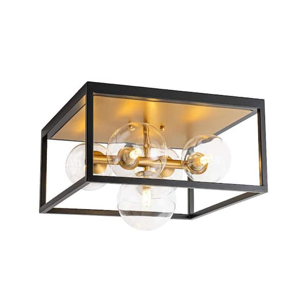 14.17 in. 5-Light Black Gold Modern Farmhouse Open-Caged Flush Mount Close to Ceiling Light with Clear Glass Shade