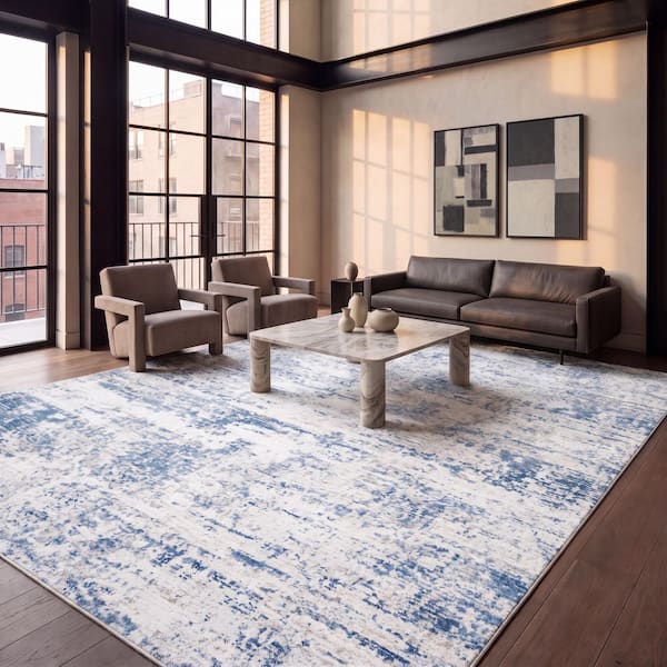 Amelia 10 ft. x 14 ft. Ivory/Blue Abstract Distressed Area Rug