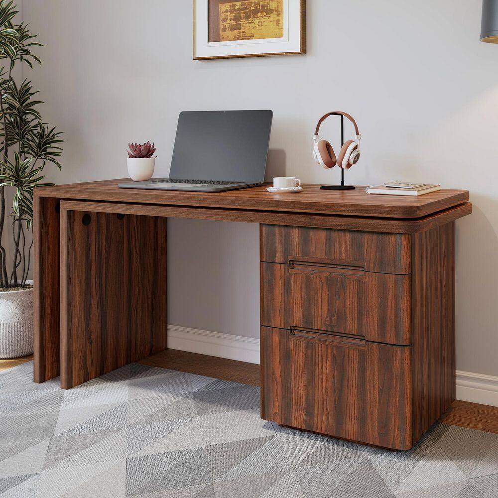 ITOKIオフィス卓、勉強机ブラウン　98/ファイン ウォールナットL Noble House Tamerlane 90.3 in. L-Shaped Walnut Wood 3-Drawer