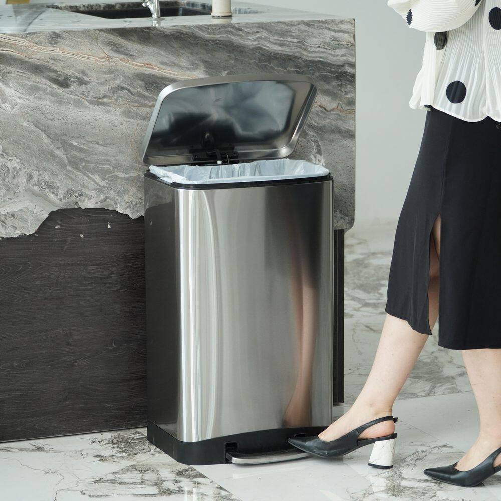Brushed Stainless Steel Rectangular Step-On Trash Can, 10.6 Gallon