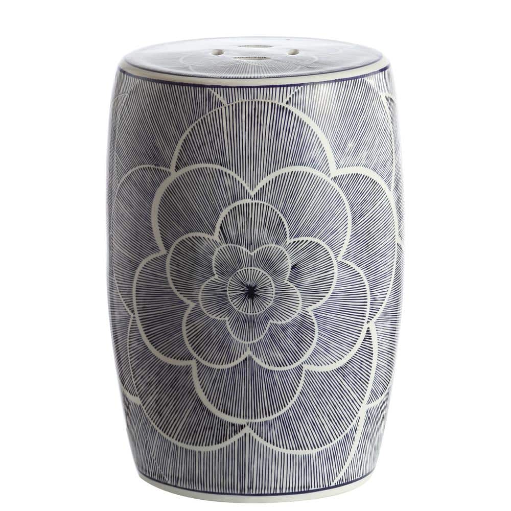 Camellia 17" White and Blue Ceramic Drum Garden Stool