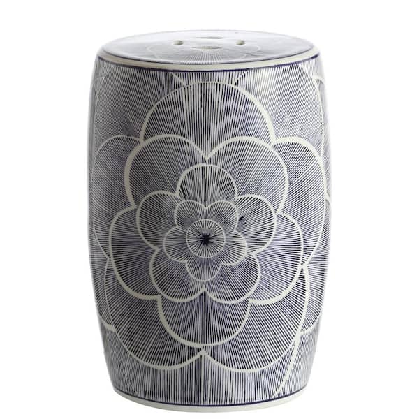 Camellia 17 in. Blue Ceramic Drum Garden Stool
