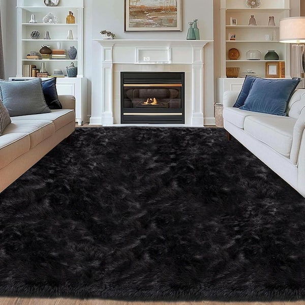 Nourideaux Black 10 ft. x 14 ft. Large Area Rug Faux Fur Rug