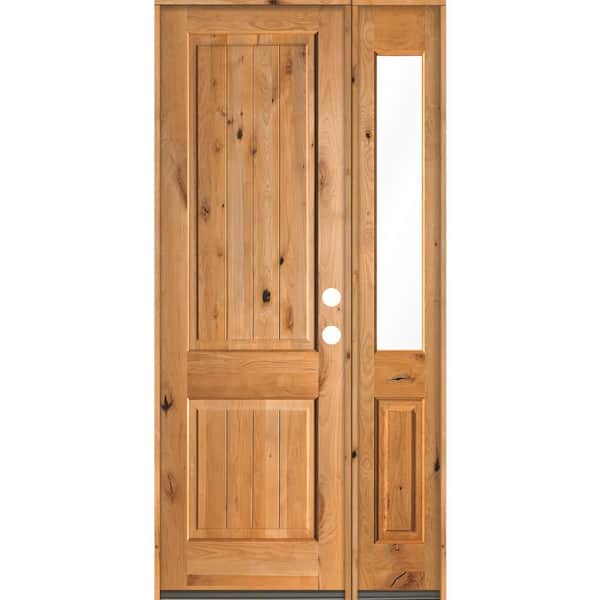 Krosswood Doors 44 in. x 96 in. Rustic Knotty Alder Square Top Left-Hand/Inswing Clear Glass Clear Stain Wood Prehung Front Door w/RHSL