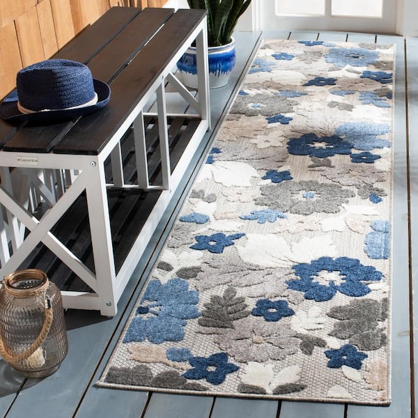 Cabana Gray/Blue 2 ft. x 11 ft. Floral Liberty Indoor/Outdoor Runner Rug