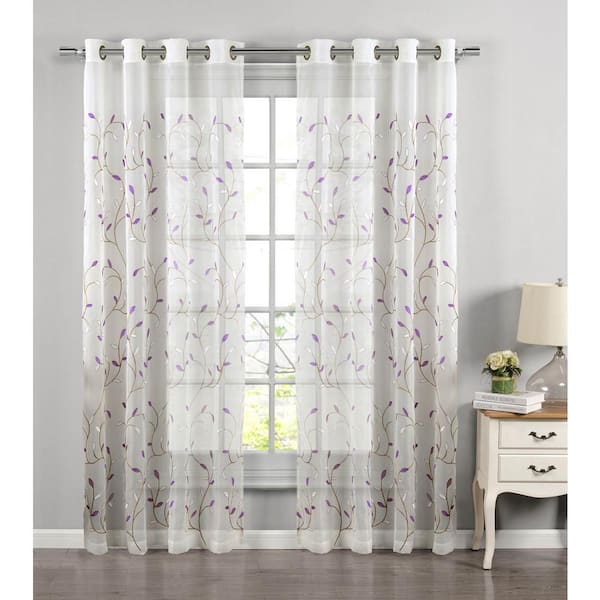 CREATIVE HOME IDEAS Wavy LeavesBrown Purple White 54 in. W x 84 in. L Embroidered Grommet Sheer Curtain (Single Panel)