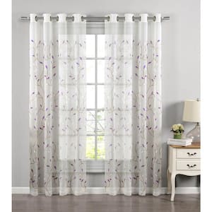 Wavy Leaves Lilac 54 in. W x 84 in. L Faux Linen Grommet Sheer Curtain (Single Panel)