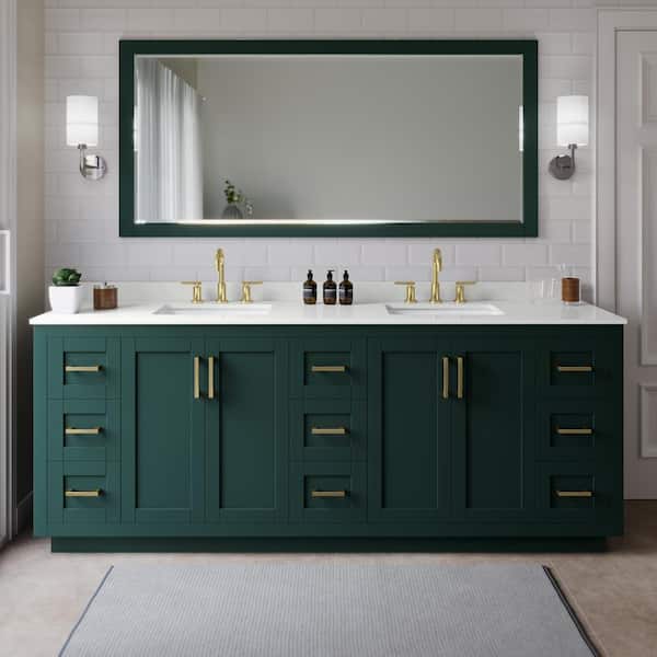 Wyndham Collection Miranda 84 in. W x 22 in. D x 33.75 in. H Double Bath Vanity in Green with White quartz Top and 70 in. Mirror