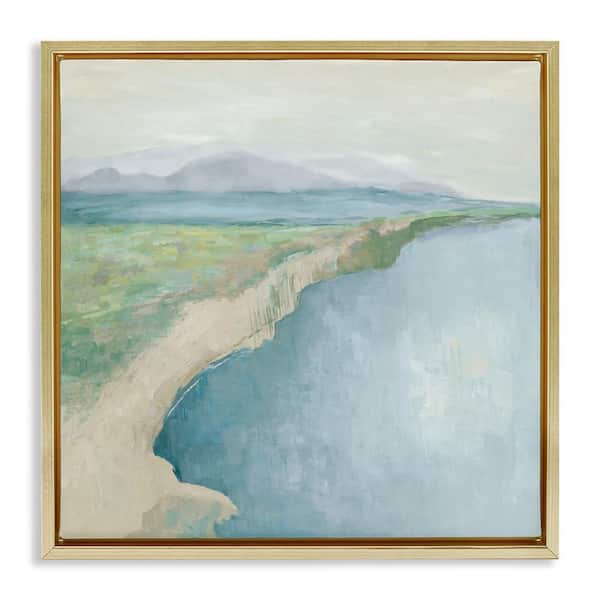 Curving Shoreline Landscape by Jacob Q Gold Floater Frame Coastal Graphic Art Print 18 in. x 18 in.