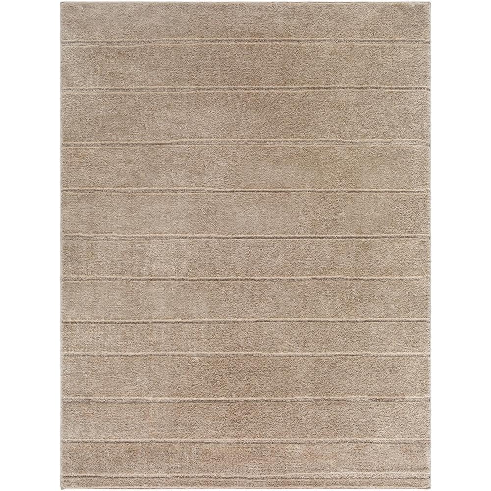 Taupe High Pile Striped Synthetic Area Rug