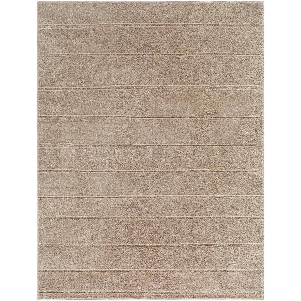 Taupe High Pile Striped Synthetic Area Rug