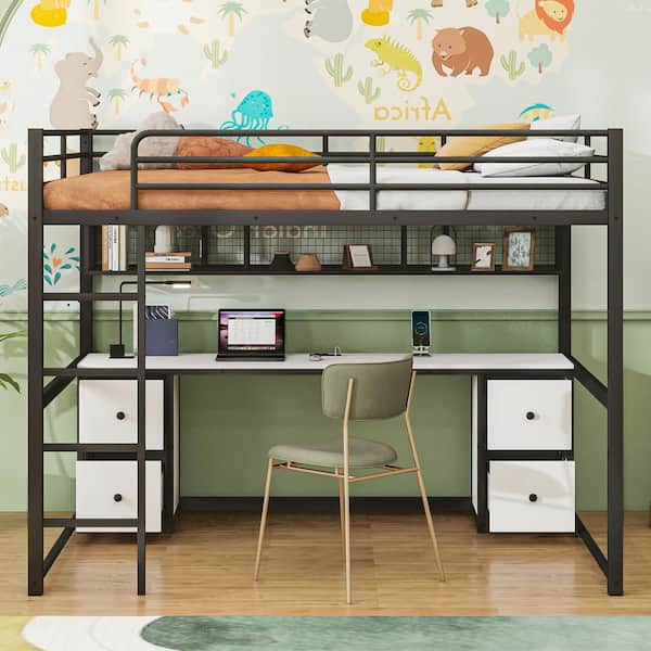 Harper & Bright Designs Black Full Size Metal Loft Bed with White Built-in Desk, 4-Drawers, Bedside Tray, Ladder and USB Charging Station