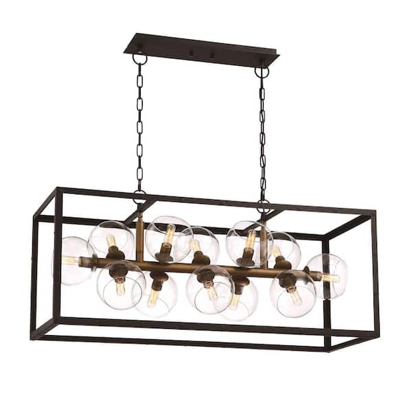 Bentley Collection 12-Light Black and Gold Linear Chandelier with Glass Shade