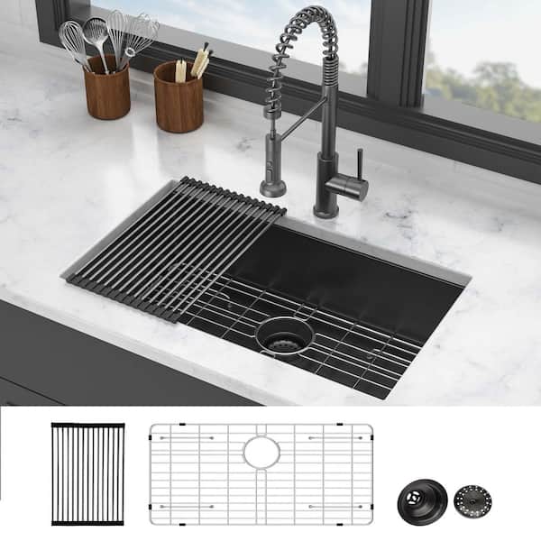 Lindra 30 in. L x 18 in. W Black Undermount Single Bowl Stainless Steel Kitchen Sink with Grid, Strainer and Drying Rack