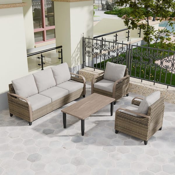 4-Piece Brown Wicker Outdoor Patio Conversation Set 3-Seat Sofa, Lounge Chairs with Gray Cushions and Coffee Table