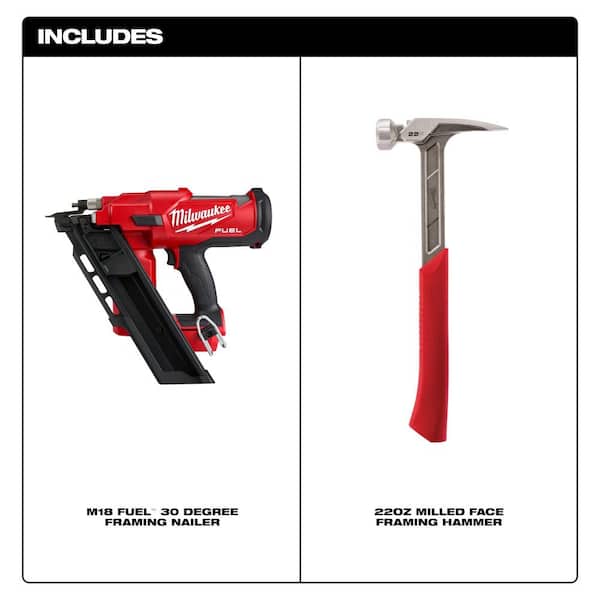 Milwaukee M18 FUEL 3-1/2 in. 18-Volt 30-Degree Lithium-Ion Brushless Cordless Framing Nailer with 22oz Milled Face Framing Hammer