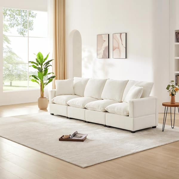 110 in. Modern Rectangular Chenille Sectional Sofa in. White with 2 Pillows