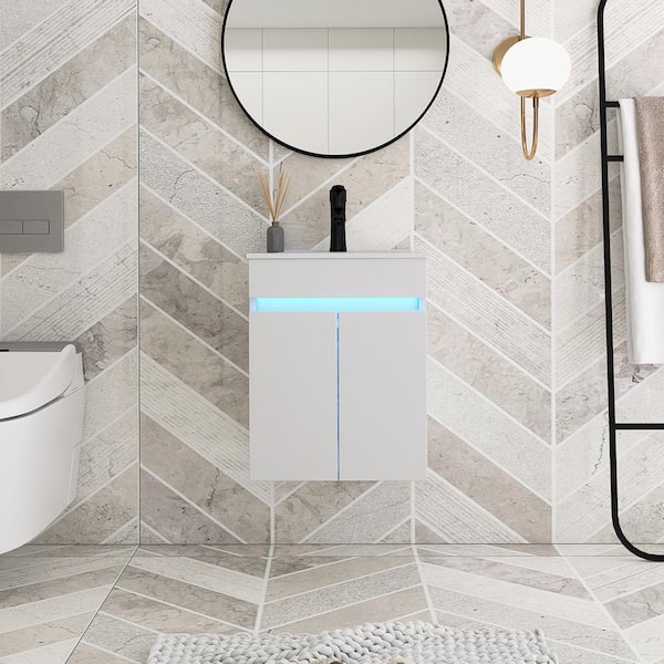 JimsMaison 16 in. W x 16 in. D x 20 in. H Single Sink Wall-Mounted Bath Vanity in White White Ceramic Top