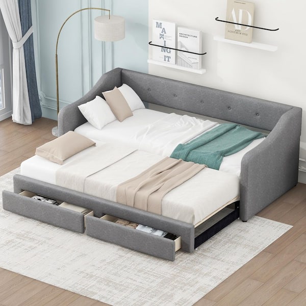 Harper & Bright Designs Gray Twin XL to King Size Linen Upholstered Daybed with 2 Drawers