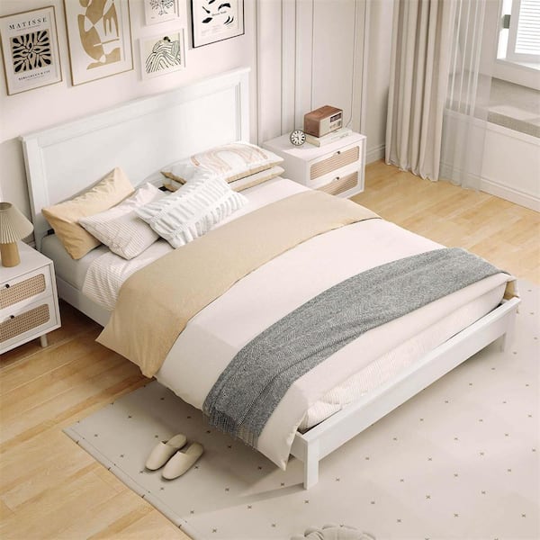 White Queen Size Wood Frame Platform Bed with High Headboard Bedroom