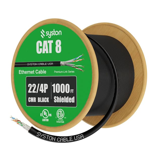 1000 ft. Black Cat 8 CMR 22 AWG Ethernet Bulk Raw Cable - 2000MHz Solid Bare Copper Tinned Copper Braid Shielding