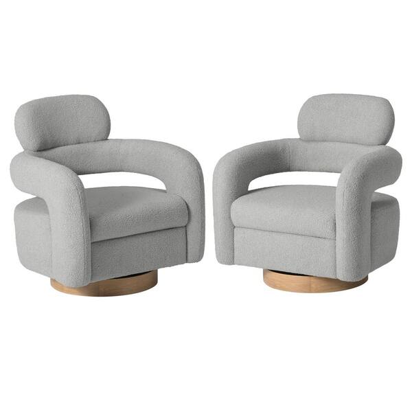 Bayville Modern 29" Wide Sherpa Fabric Barrel Accent Chairs with 360° Swivel in Light Gray (Set of 2)