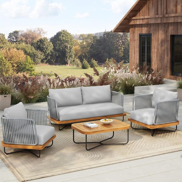 CHRISTOPHER KNIGHT HOME Cali 4-Piece Solid Wood and Rope Weave Outdoor Patio Conversation Set with Grey Cushions, Teak plus Grey