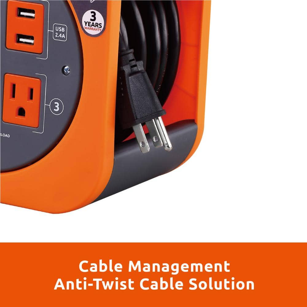 25 ft Black and Orange Extension Cord Reel with USB Ports