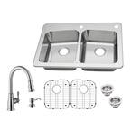 All-in-One Dual Mount 18-Gauge Stainless Steel 33 in. 2-Hole 50/50 Double Bowl Kitchen Sink with Pull-Out Kitchen Faucet