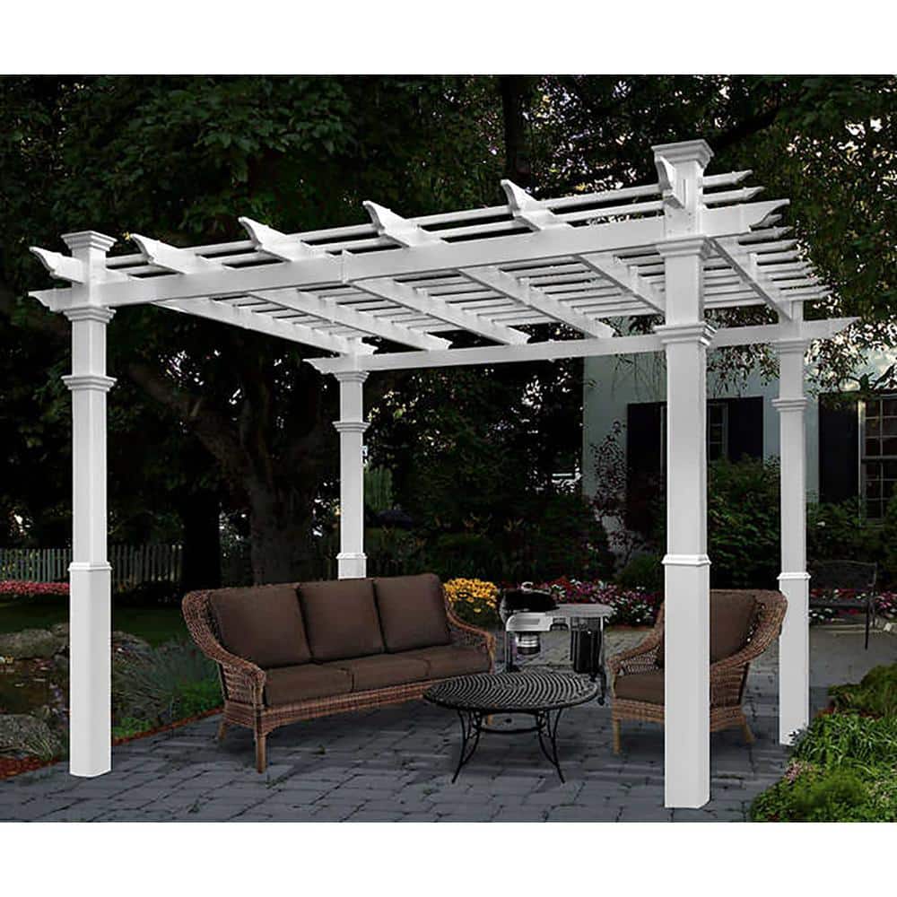 White Vinyl Square Pergola with Canvas Weave and Base Moldings