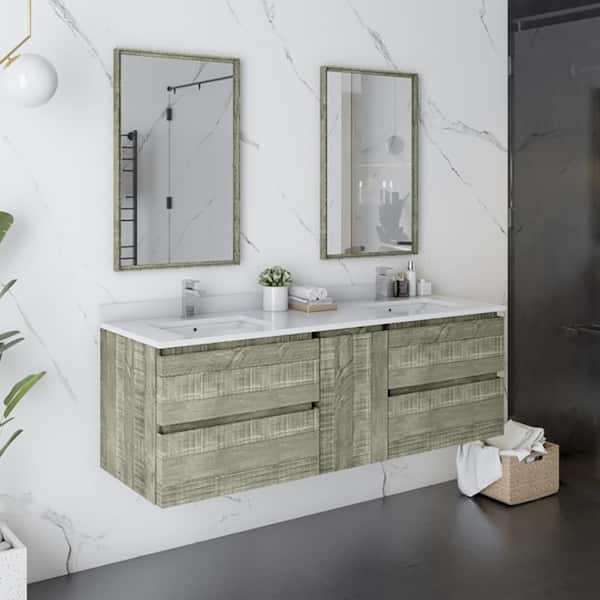 Fresca Formosa 60 in. Double Sink Wall Mount Floating Sage Gray Bath Vanity with White Quartz Top, Ceramic Sinks and Mirrors