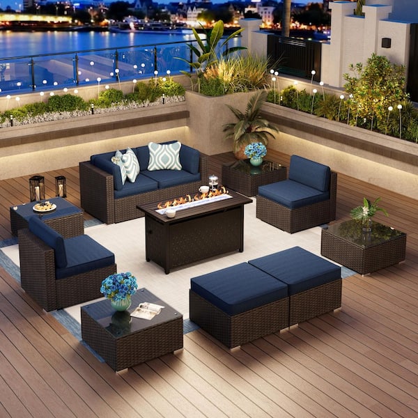 PHI VILLA Brown Rattan Wicker 6-Seat 11-Piece Steel Outdoor Fire Pit Patio Set with Blue Cushions,Fire Pit,Coffee Tables, Ottomans