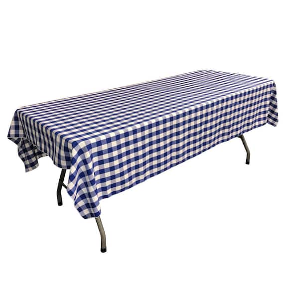 LA Linen 60 in. x 90 in. White and Royal Blue Polyester Gingham Checkered Rectangular Tablecloth