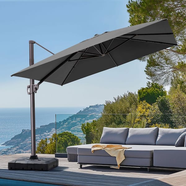 Pellebant 10.5 ft. x 9 ft. Aluminum Rectangular Cantilever Offset 360° Swivel Patio Umbrella in Gray with 260 lbs. Umbrella Base