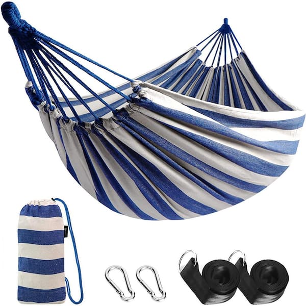 Unbranded 9 ft. 2 Person Cotton Hammock Comfortable Fabric Hammock with Tree Portable Hammock with Travel Bag（Blue/White）